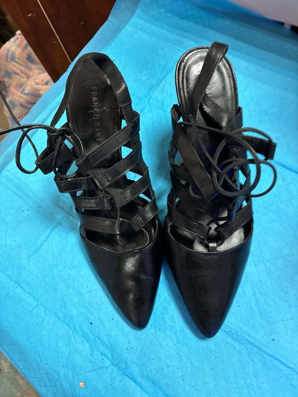Franco Sarto Black Leather Lace-Up Cage Pointed Toe Stiletto Heels